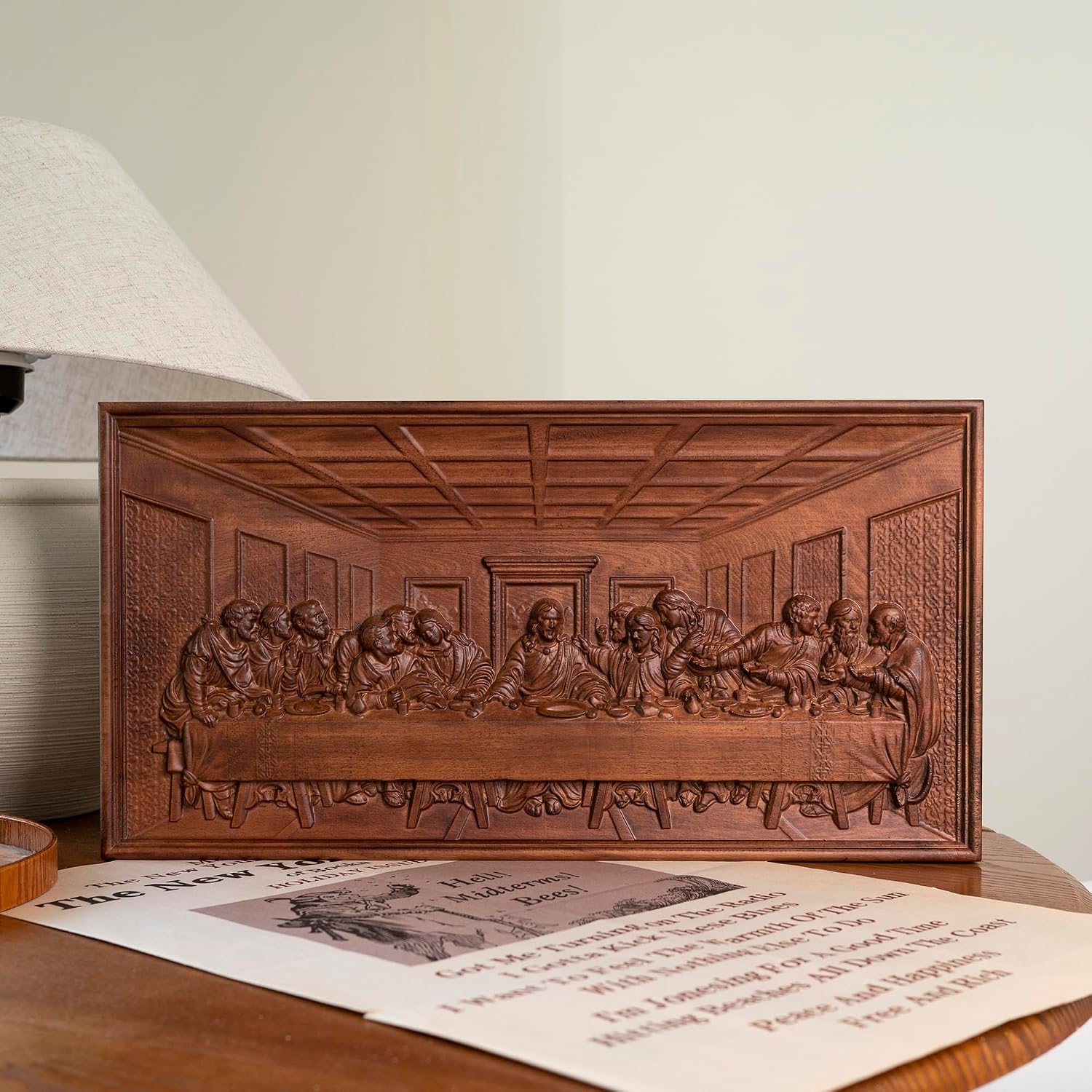 Handmade Wooden The Last Supper Wall Decor for Dining Room | 20 Inch, Beechwood, Two Hooks on the Back, Jesus and the Twelve Apostles, Christian Gift