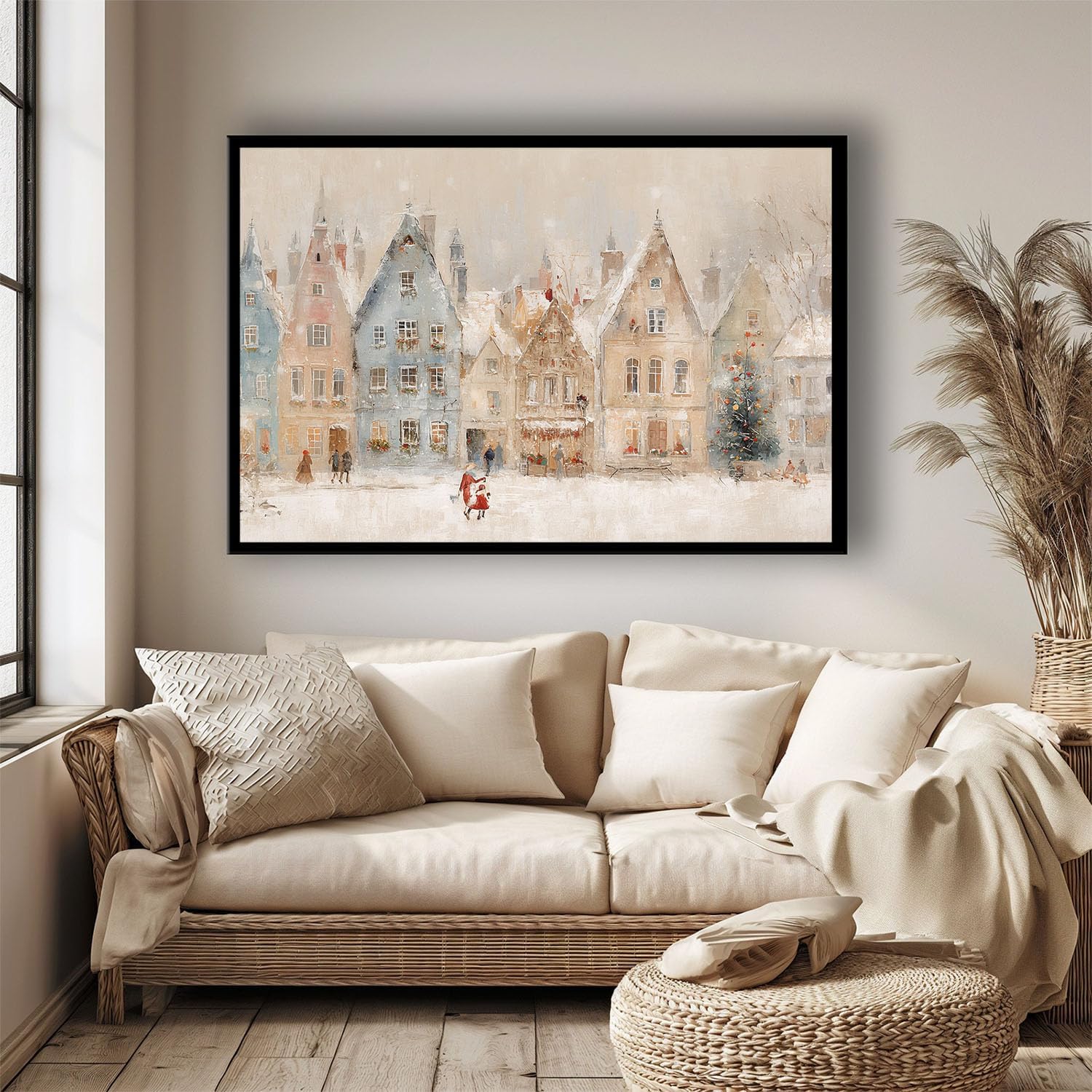CHAPIAOXIANG Winter village wall art print, European Christmas town oil painting, Christmas illustration, snowy holiday street scene, rural scenery, nursery wall decor 24x36in Metal blackFramed