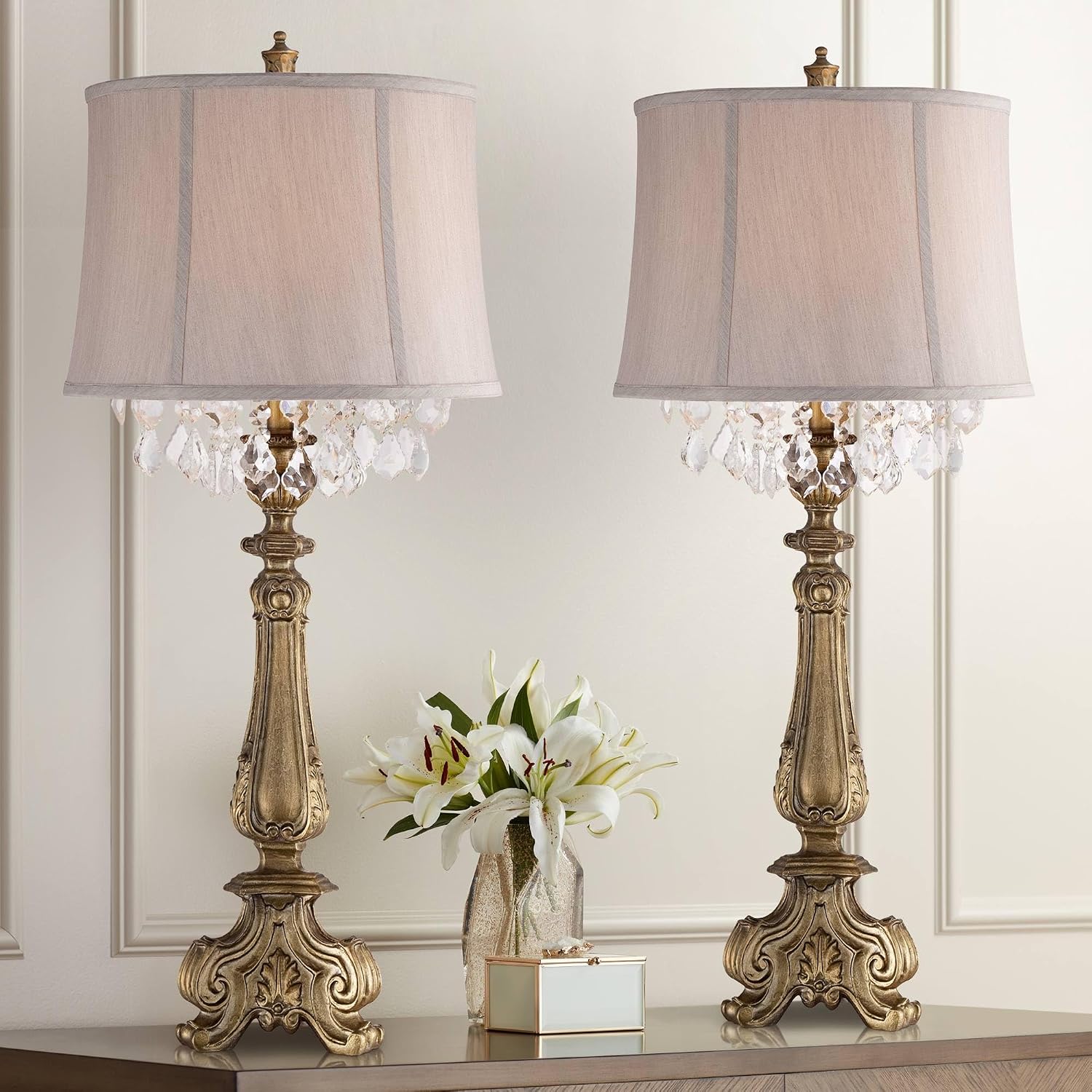 Barnes and Ivy Dubois 37 1/4' Tall Large Traditional Country Cottage Core End Table Lamps Set of 2 Antique Gold Finish Fabric Shade Console Living Room Bedroom Bedside Nightstand House Office Home