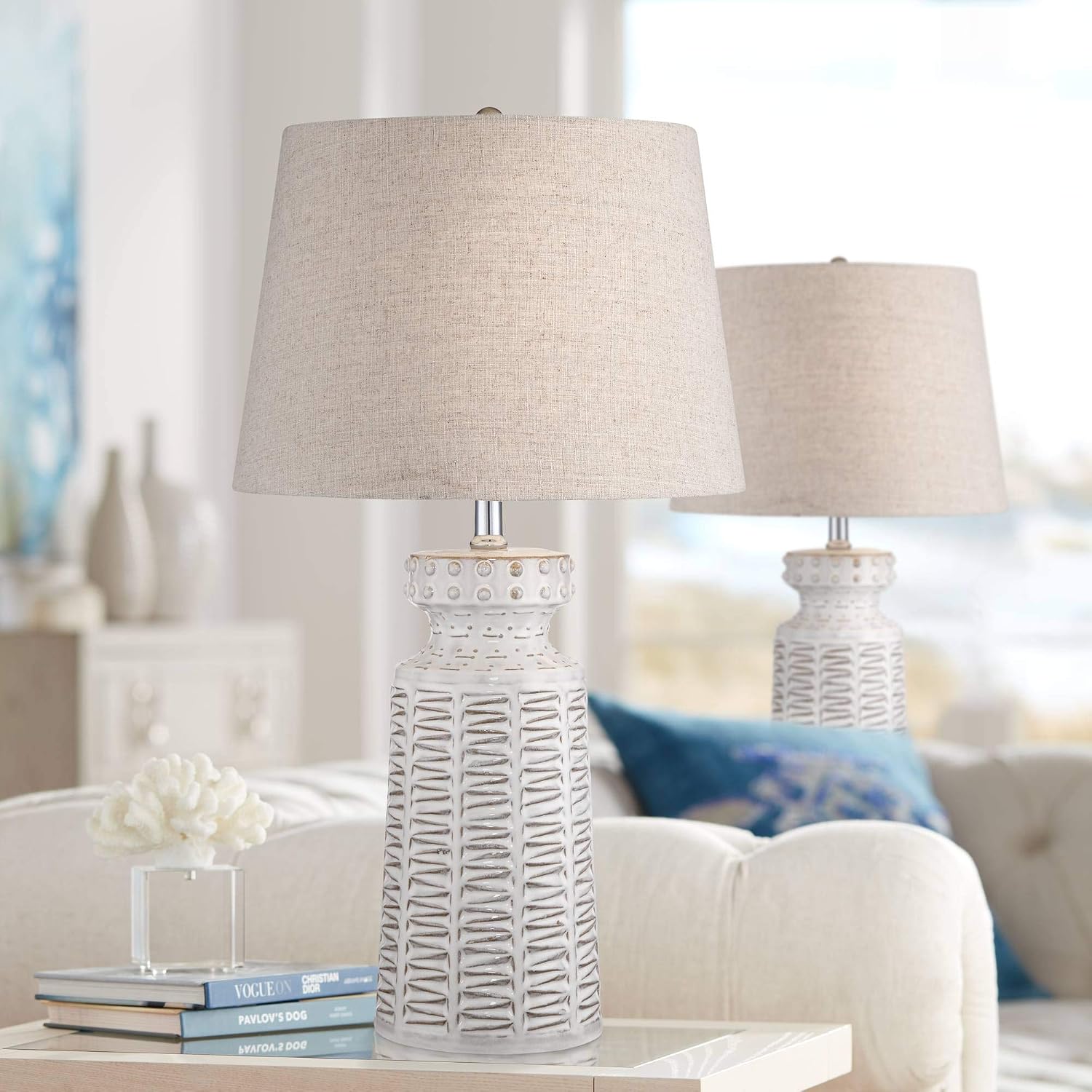 360 Lighting Helene Country Cottage Table Lamps 26' High Set of 2 Ceramic Rustic Cream White Glaze Tan Linen Drum Shade for Living Room Bedroom House Bedside Nightstand (Color May Vary)