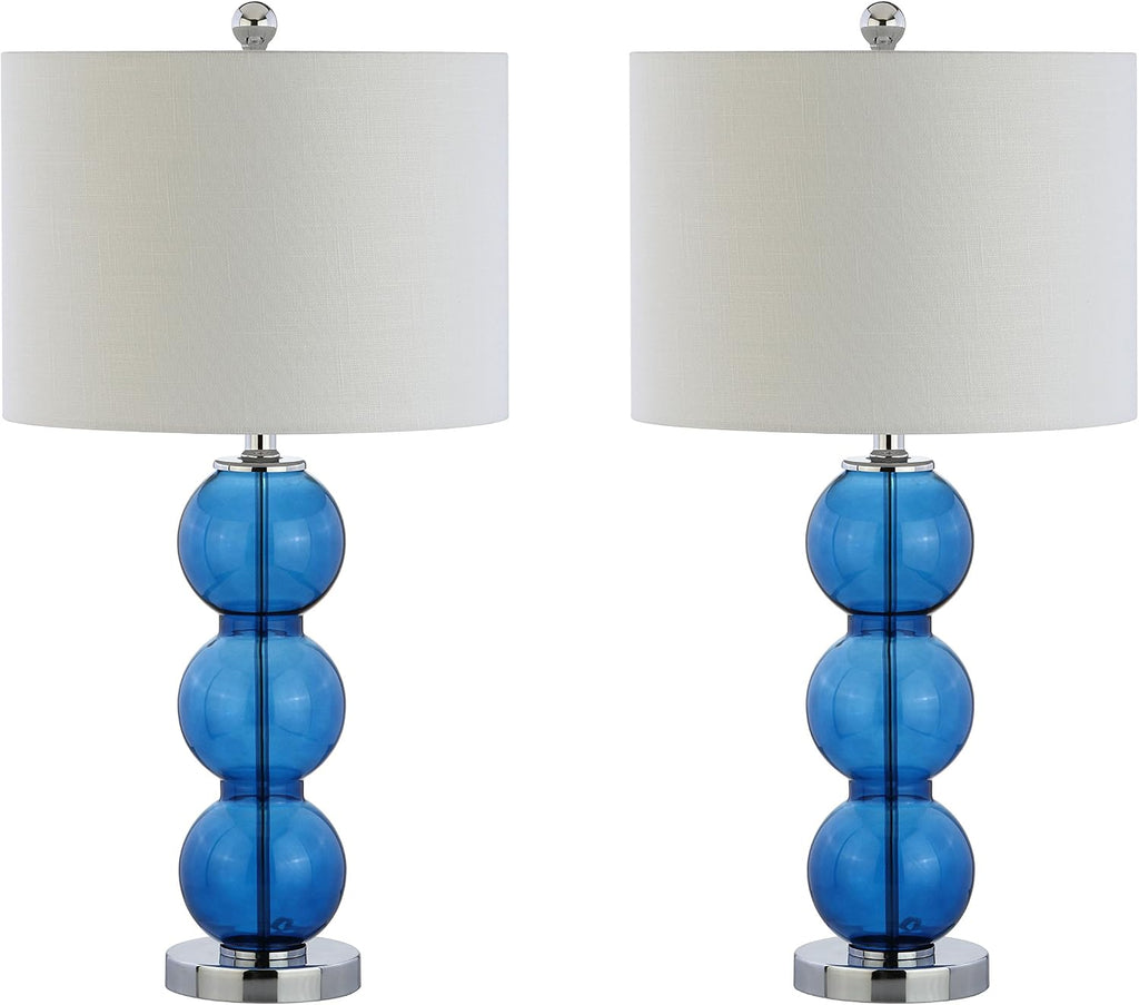 JONATHAN Y 27' Cobalt Blue/Chrome Triple-Sphere Glass Table Lamp Set of 2, Bedside, White Linen Shade, Modern Table Lamps for Living Room, Bedroom, Office, LED Bulbs Included (JYL1070E-SET2)