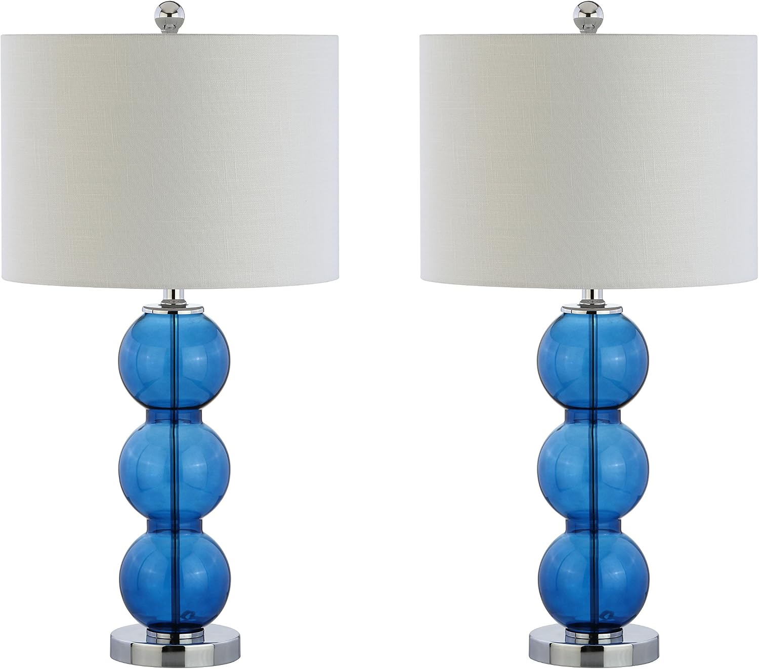 JONATHAN Y 27' Cobalt Blue/Chrome Triple-Sphere Glass Table Lamp Set of 2, Bedside, White Linen Shade, Modern Table Lamps for Living Room, Bedroom, Office, LED Bulbs Included (JYL1070E-SET2)