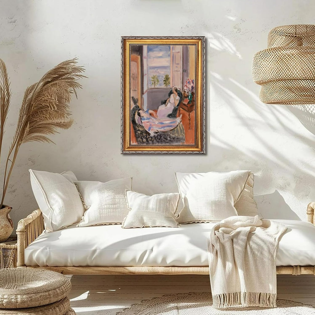 Large Framed Interior with Two Figures Open Window By Henri Matisse Canvas Wall Art Poster Oil Paintings Reproduction Classic Colorful European Artwork Prints for Bedromo Home Decor 24x36inch