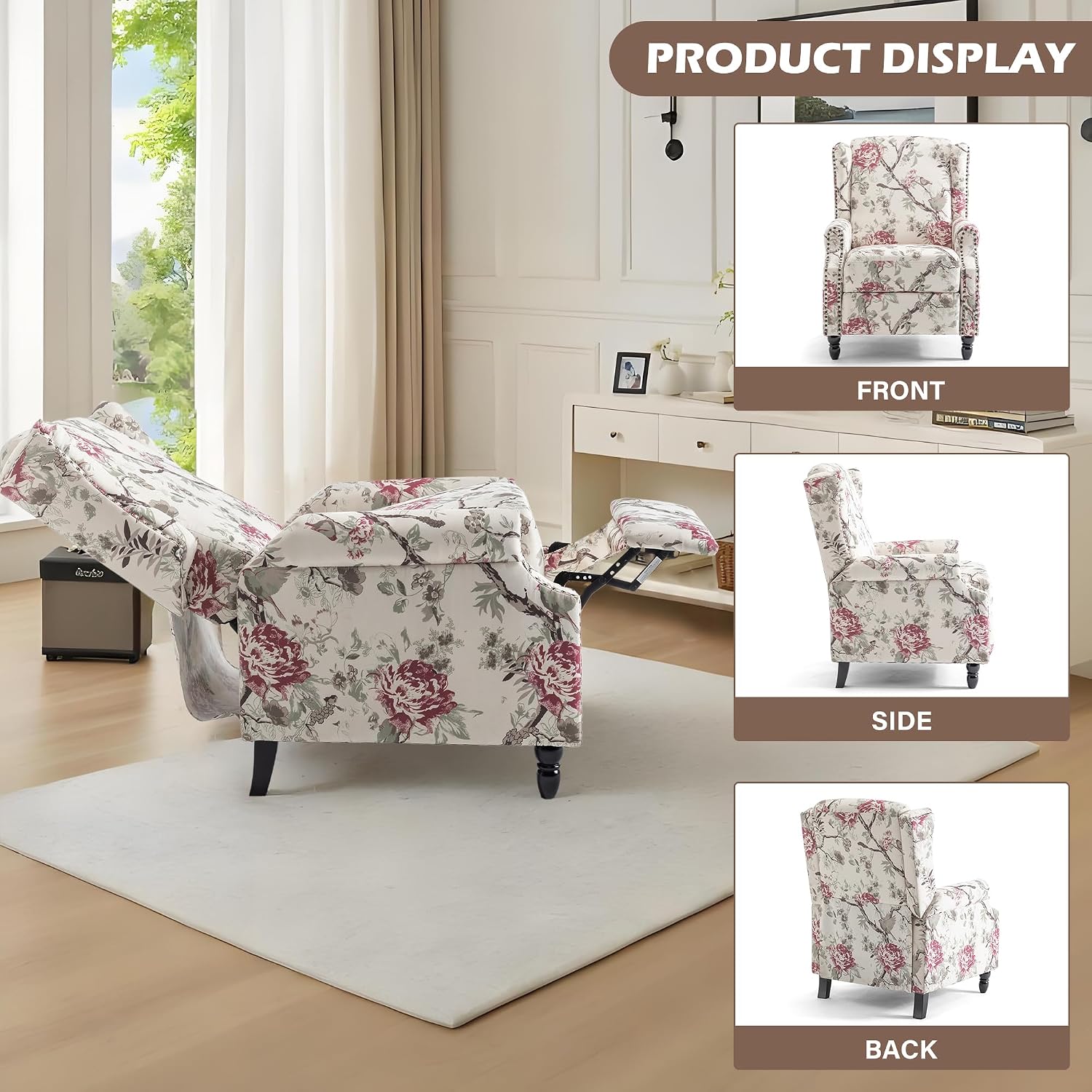 Pushback Floral Recliner Chair, Fabric Upholstered Armchair Push Back Accent Chair for Living Room, Rivet Trim Club Chair Home Theater Single Sofa Reading Seat - Beige Floral