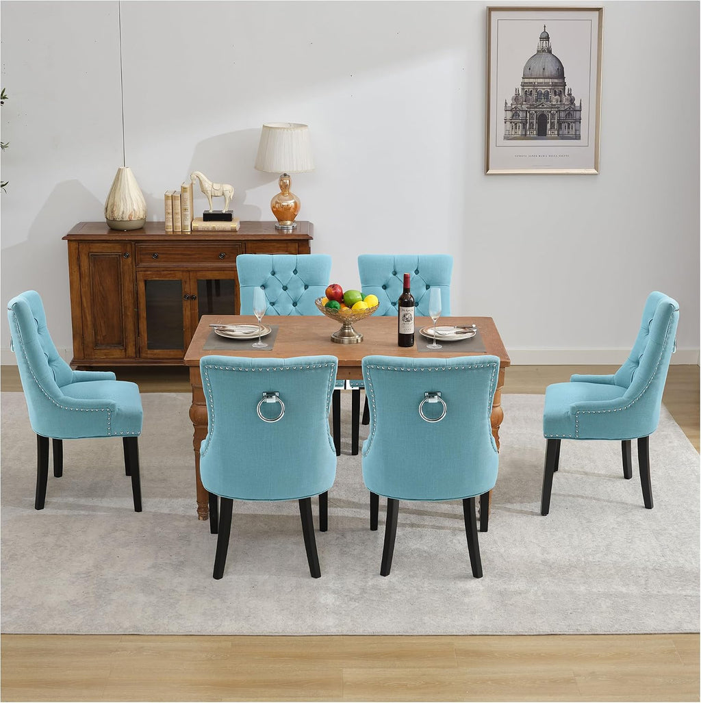 adochr Dining Chairs Set of 2, Mid-Century Modern Kitchen Chairs with Linen Fabric & Wooden Legs, Button-Tufted Back for Dining Room, Metal Rivets and Pull Rings Design, Light Blue