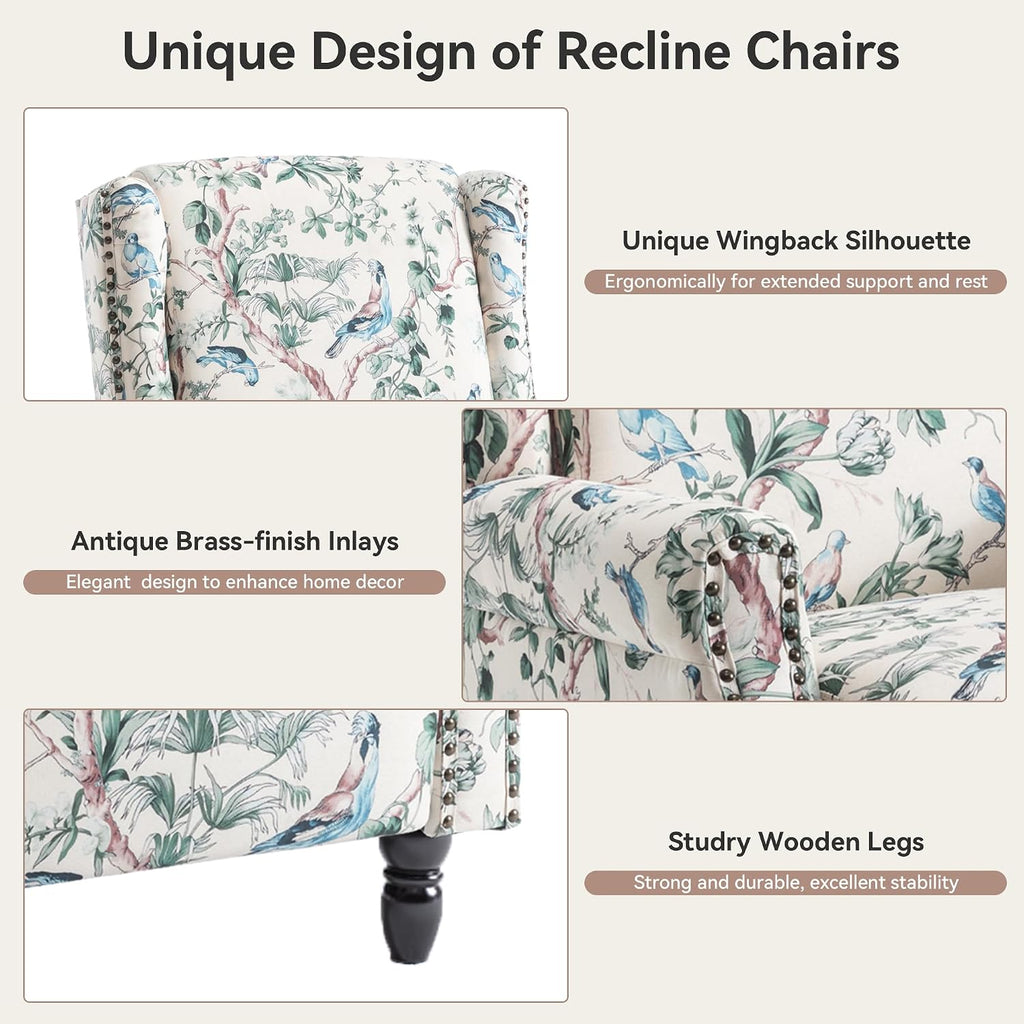 Pushback Recliner Chair, Floral Fabric Wingback Recliner Chair, Upholstered Rivet Trim Armchair Push Back Recliner Accent Chair for Small Spaces, Living Room, Bird
