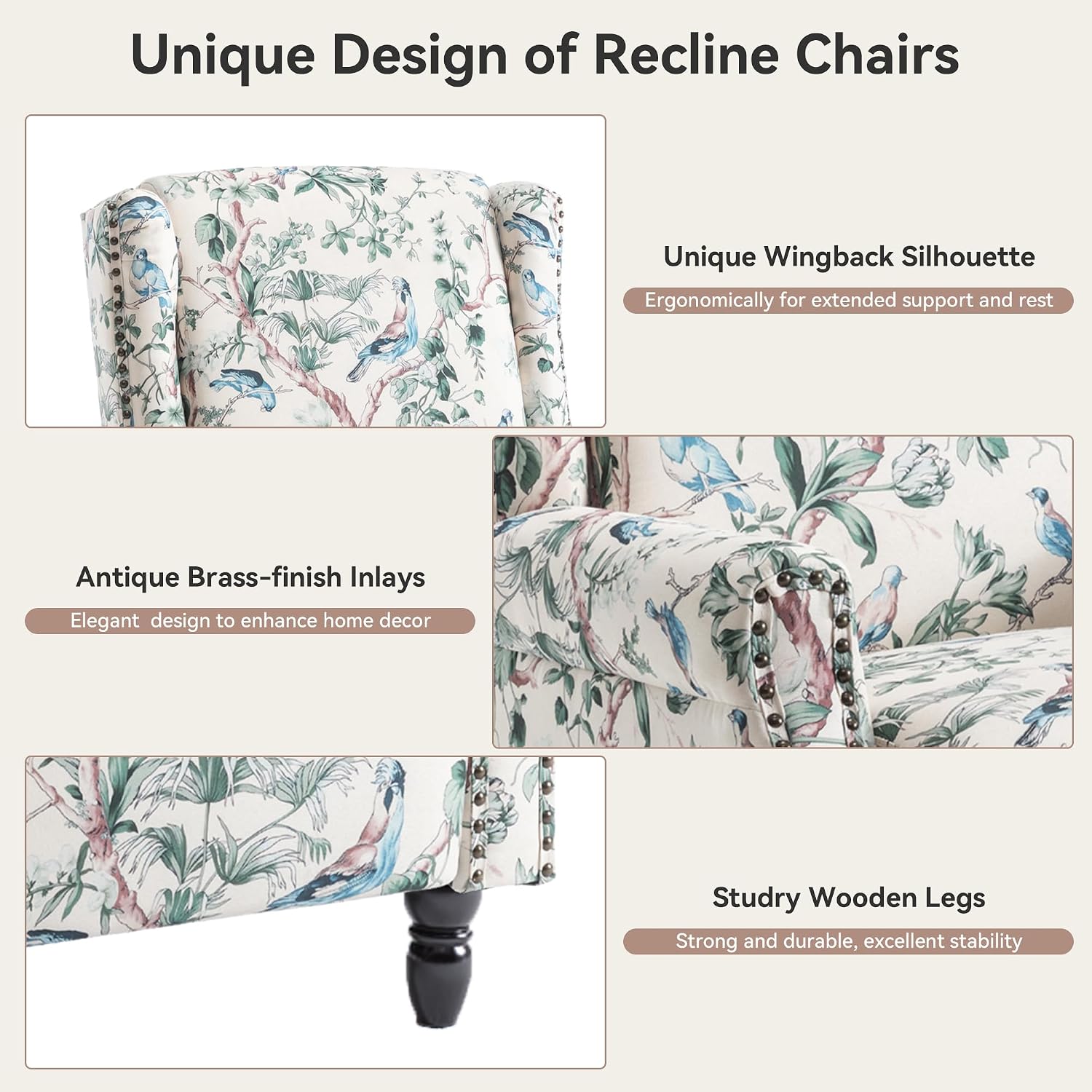 Pushback Recliner Chair, Floral Fabric Wingback Recliner Chair, Upholstered Rivet Trim Armchair Push Back Recliner Accent Chair for Small Spaces, Living Room, Bird