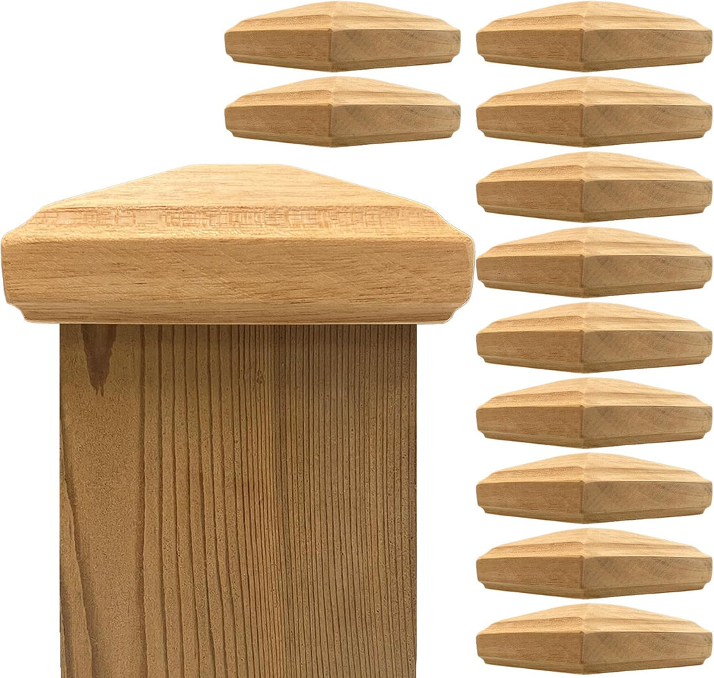 3.5' x 3.5' Wood ONE-Piece Slip Over Post Cap - Traditional Pyramid - 12 Pack - One-Piece Miterless - 3/8' Extended Lip - (for 4x4 Post Measuring 3-1/2' x 3-1/2')