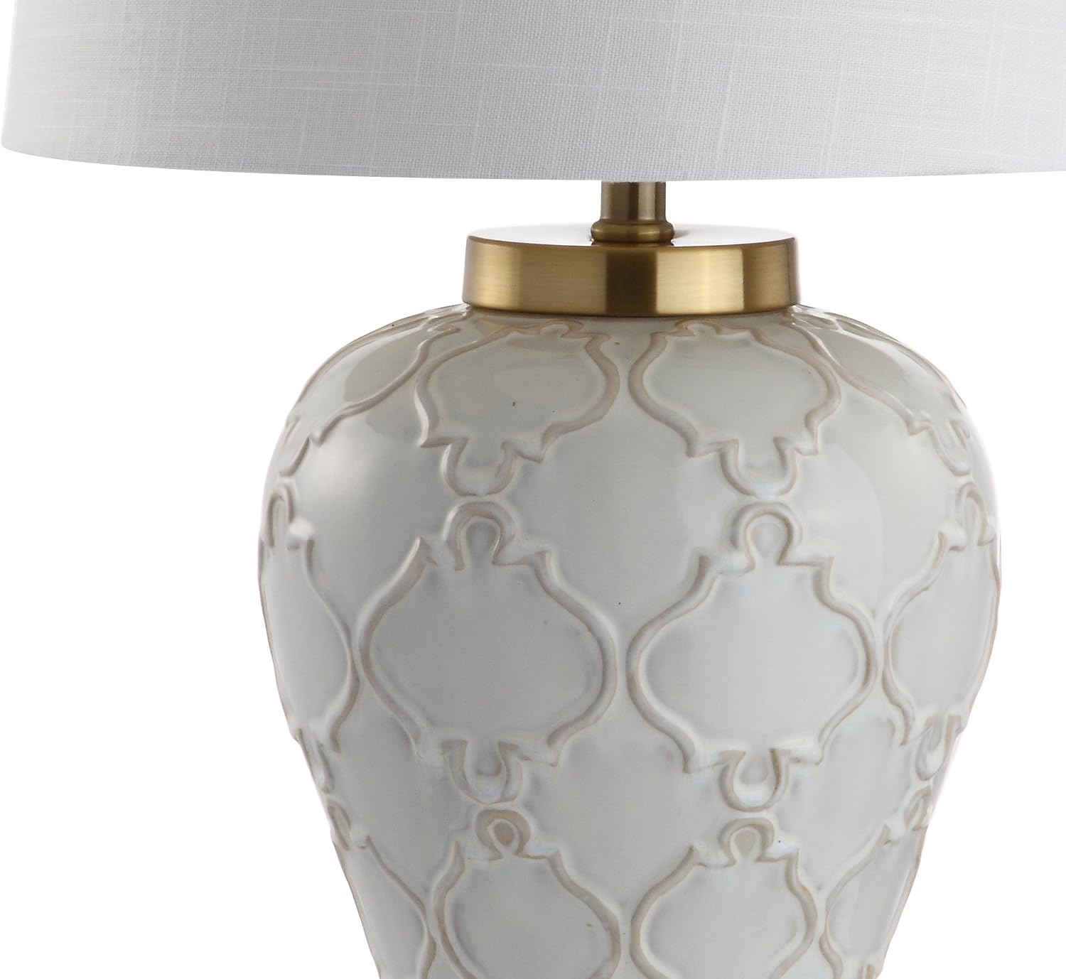JONATHAN Y 29' Cream Textured Ceramic Table Lamp, Transitional Quatrefoil Trellis Design with White Linen Drum Shade and Brass Accents for Living Room, LED Bulb Included JYL4024A