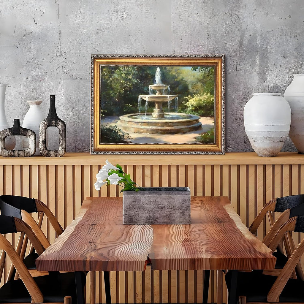 Large Gold Framed Classic Garden Fountain Canvas Poster Vintage Impressionist Landscape Wall Art Retro European Courtyard Outdoor Scenery Painting Prints Artwork for Bedroom Home Decor 24x36inch