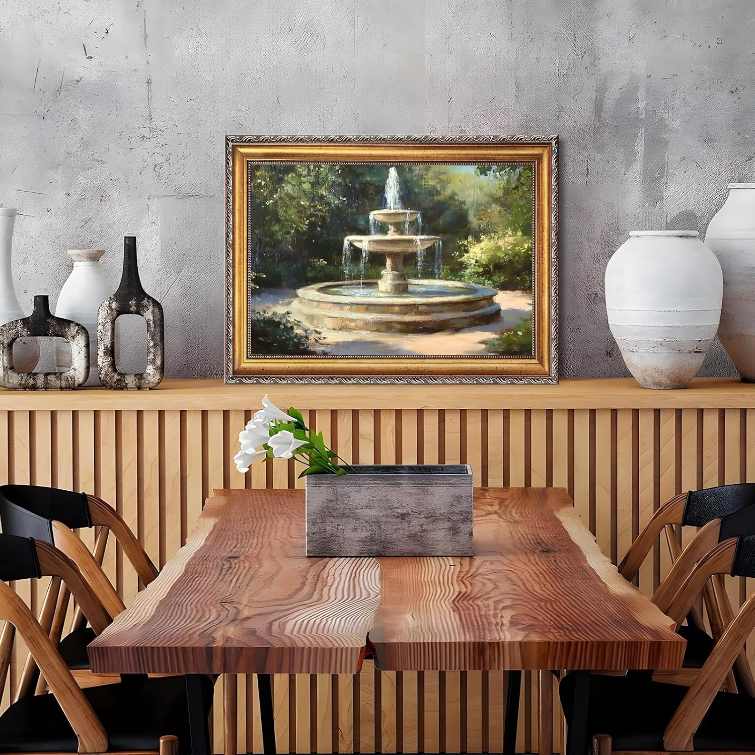 Large Gold Framed Classic Garden Fountain Canvas Poster Vintage Impressionist Landscape Wall Art Retro European Courtyard Outdoor Scenery Painting Prints Artwork for Bedroom Home Decor 24x36inch