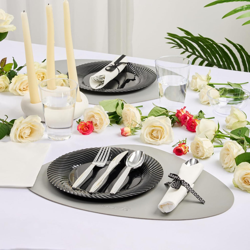 Restaurantware-7.3 Inch x 2 Inch Plastic Cutlery Sets, 100 Flatware Sets - Polka Dot Ribbon, With White Napkin, Individually Wrapped, Silver Plastic Disposable Cutlery Sets, For Weddings And Events