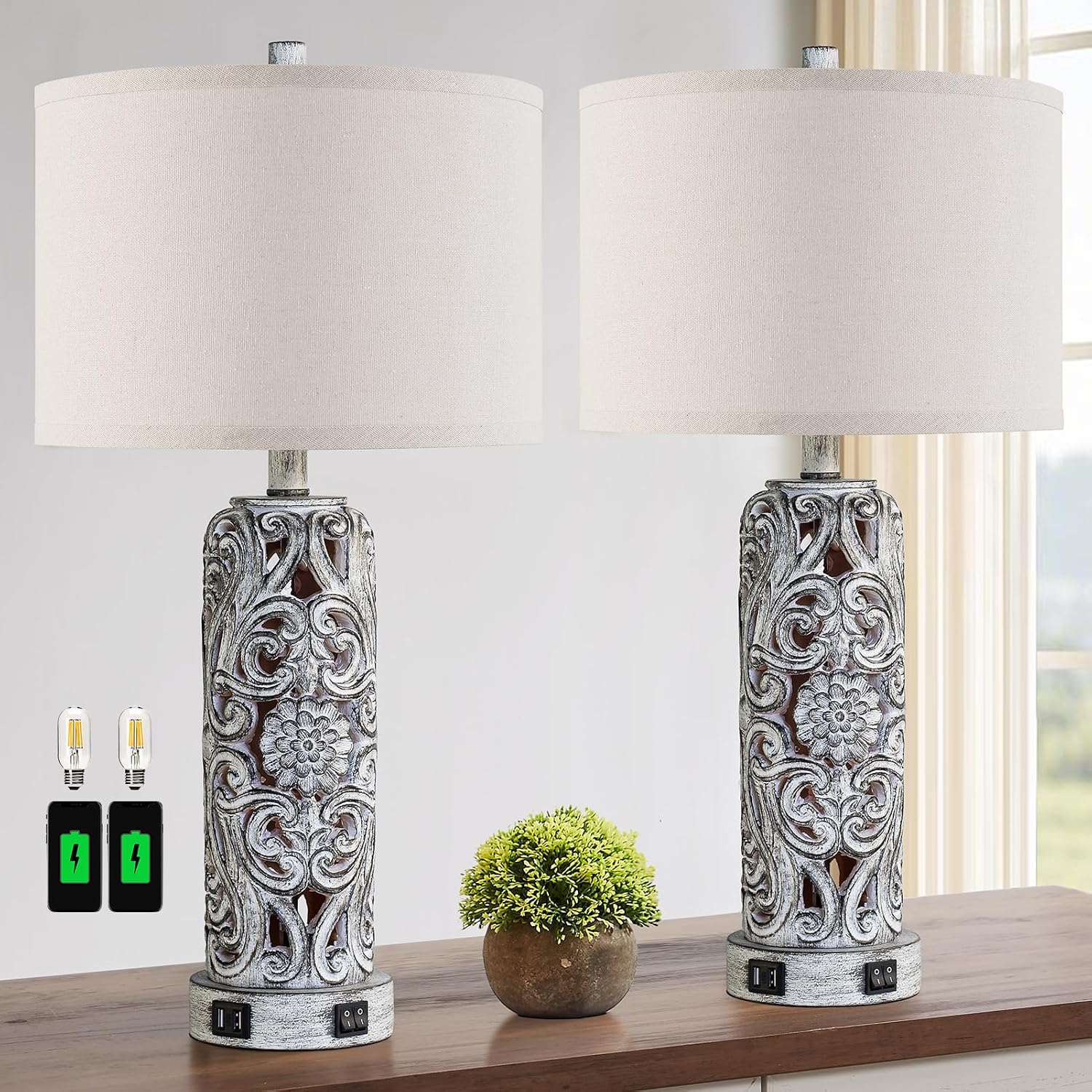 25'' Set of 2 Farmhouse Table Lamps with 2 USB Ports for Living Room Bedroom, Rustic Vintage Table Lamp with Nightlight, Earthy Yellow Hollow Out Resin Lamp for End Table, 2 Bulbs Included