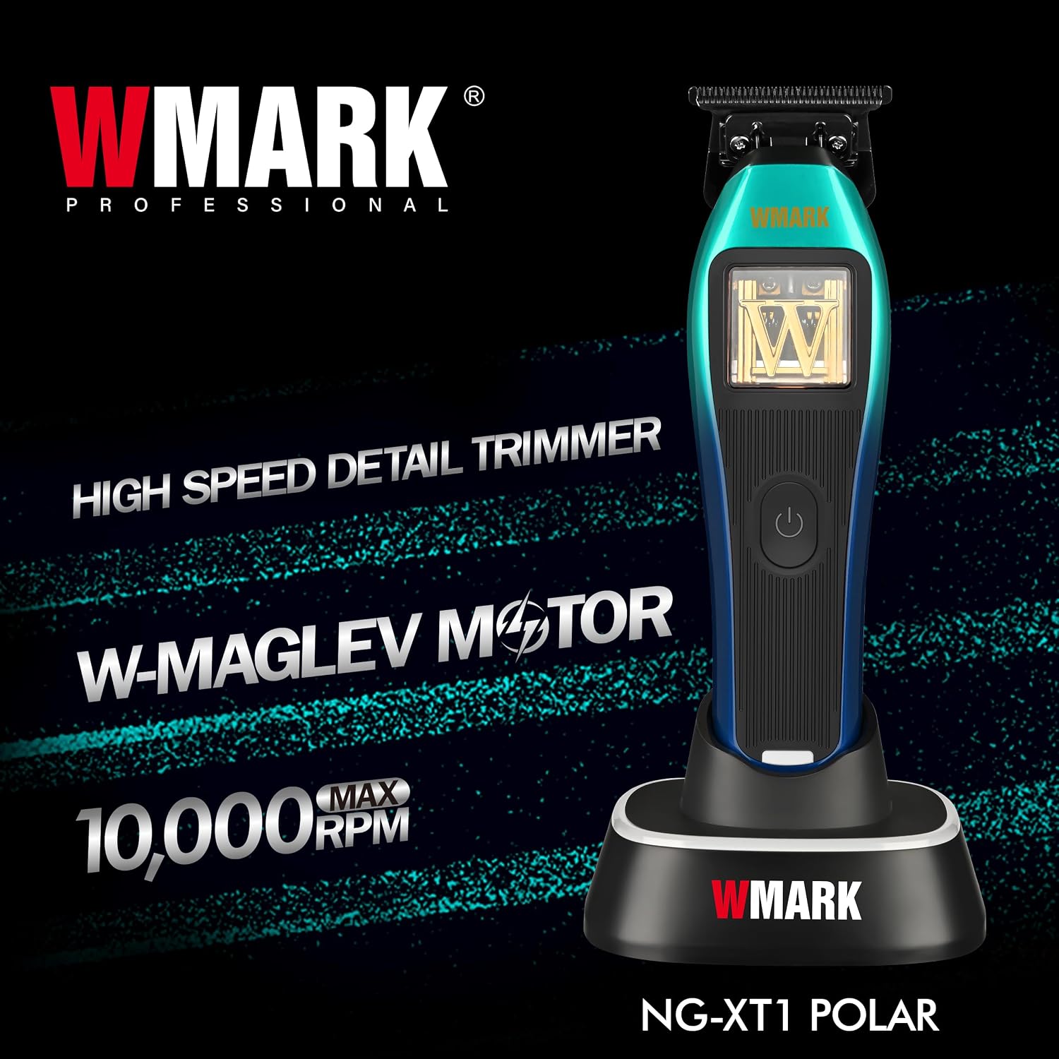 WMARK Professional Cordless Detail Hair Trimmer for Men & Barbers - 10,000 RPM Maglev Vector Motor, DLC Blade, 3 Gradient-Colored Modular Lids & Repair Tools, Rechargeable, NG-XT1 Polar
