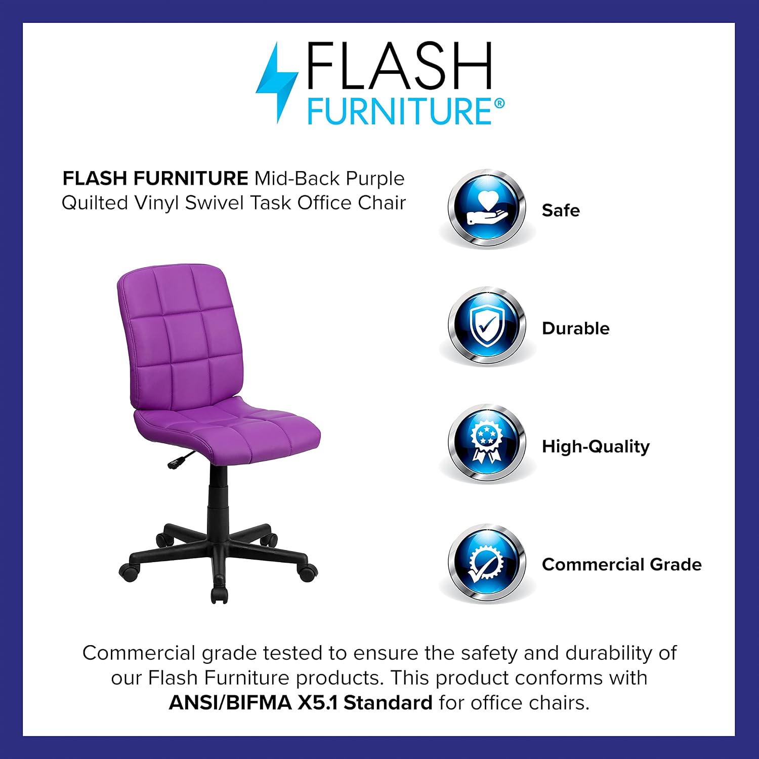 Flash Furniture Clayton Mid-Back Purple Quilted Vinyl Swivel Task Office Chair