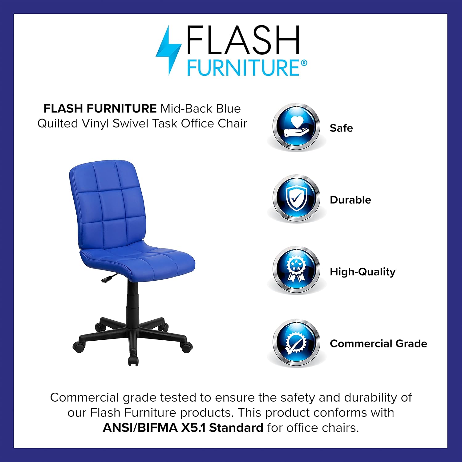 Flash Furniture Clayton Mid-Back Blue Quilted Vinyl Swivel Task Office Chair
