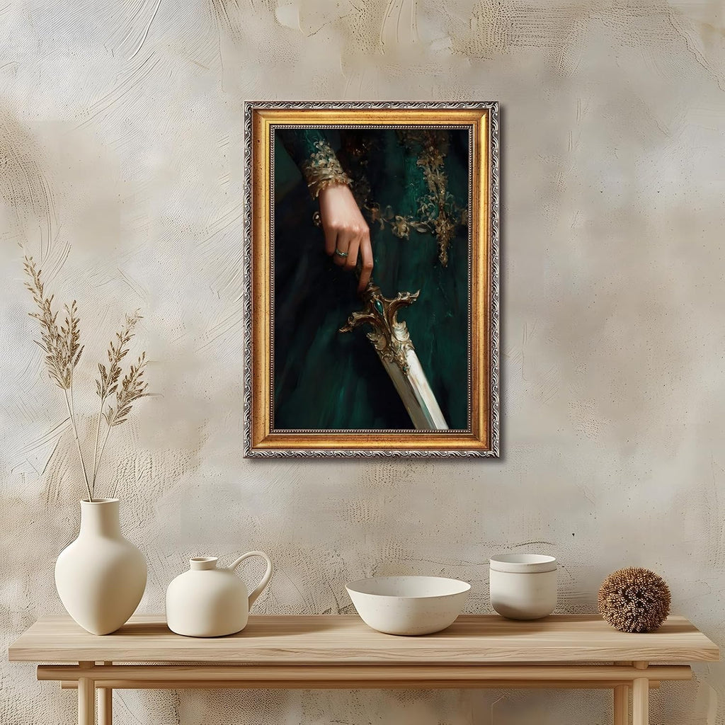 Large Gold Framed Victorian Feminist Woman Wall Art Vintage Royal Medieval Sword Canvas Poster Retro Jeweled Hand Oil Painting Prints Luxury Gothic Castle Court Decor for Girly Bedroom 24x36inch