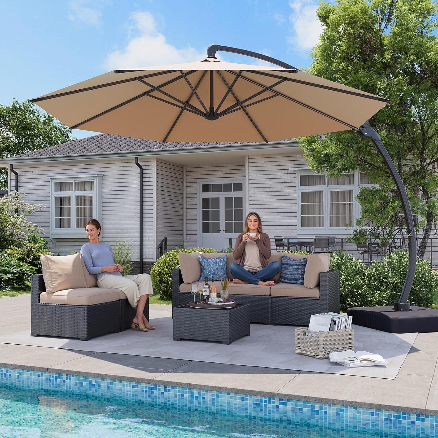 Aoxun 11 FT Cantilever Umbrella with Base Included, Patio Large Aluminum Offset Umbrella Windproof with 360°Rotation, Heavy Duty Frame for Outdoor, Pool, Deck and Garden