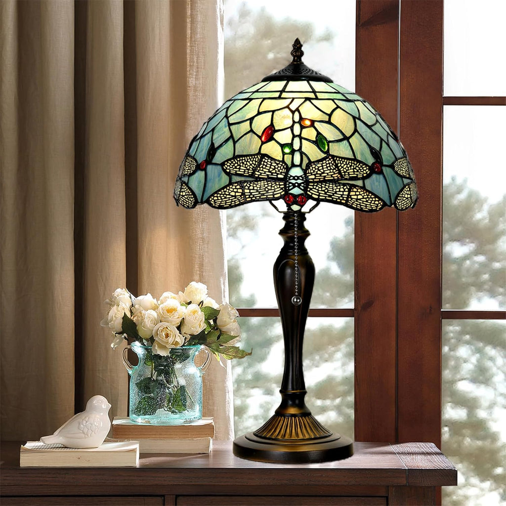 TL0023 Tiffany Style Dragonfly Table Lamp Stained Glass Blue Shade Reading Desk Light 12 X 20 Inches for Bedroom Living Room Home Office, Vintage Handcrafted Accent Décor, LED Blub Included