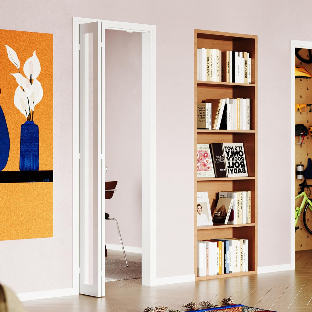 180 Degree Bifold Door, for 24″x 80″ Door Openings, White 1-Lite Mirrored Folding Door with Hinges Hardware Set, Full Access Bifold Closet Doors Perfect for Interior Openings