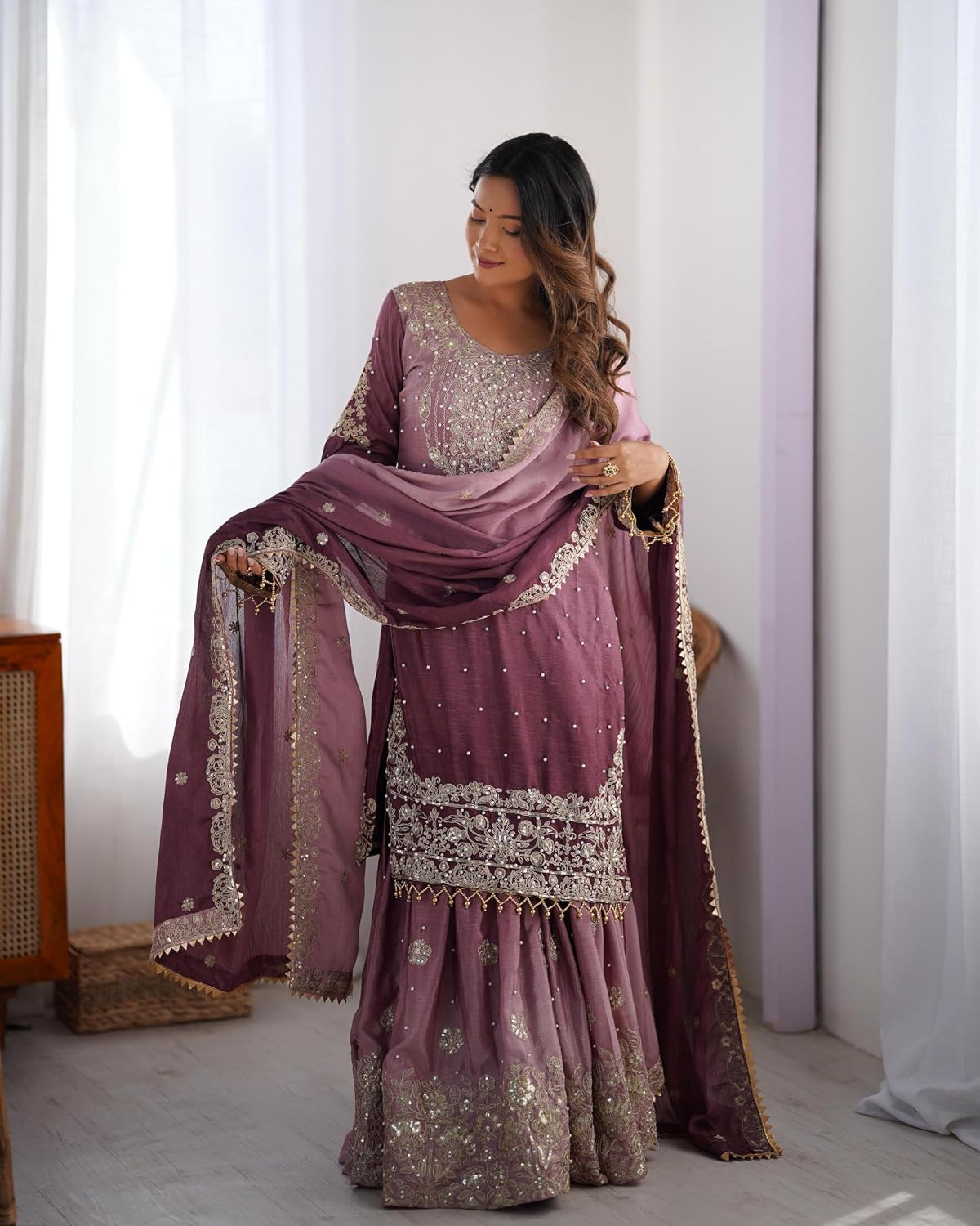 Indian Women's Chinon Silk Fabric Codeing Dori Sequnce Rivet Moti Work Suit 12236