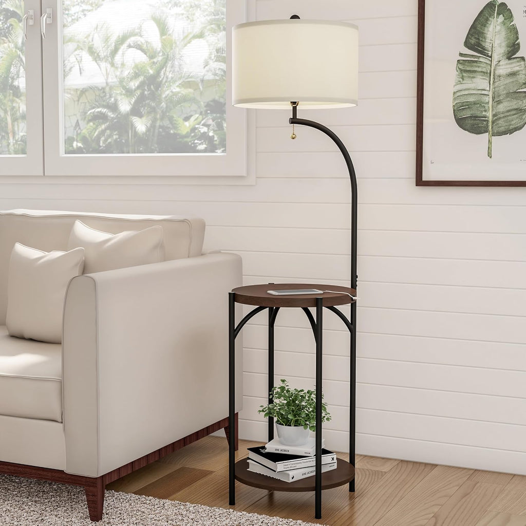 Floor Lamp with End Table - Modern Rustic Side Shelves with USB Charging Port, LED Light Bulb, and Drum-Shaped Shade - Standing Lights by Lavish Home (with Bulb)