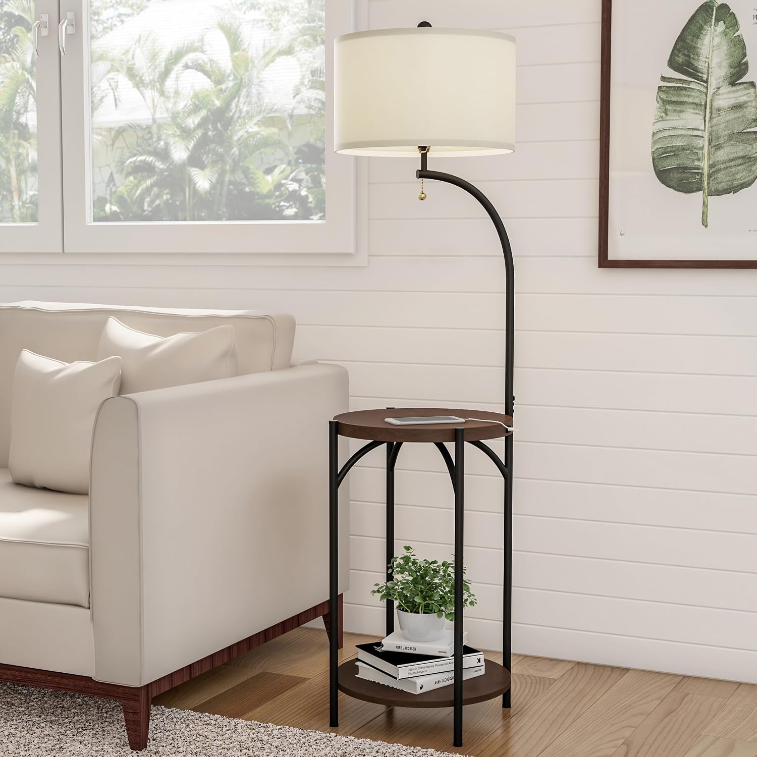 Floor Lamp with End Table - Modern Rustic Side Shelves with USB Charging Port, LED Light Bulb, and Drum-Shaped Shade - Standing Lights by Lavish Home (with Bulb)