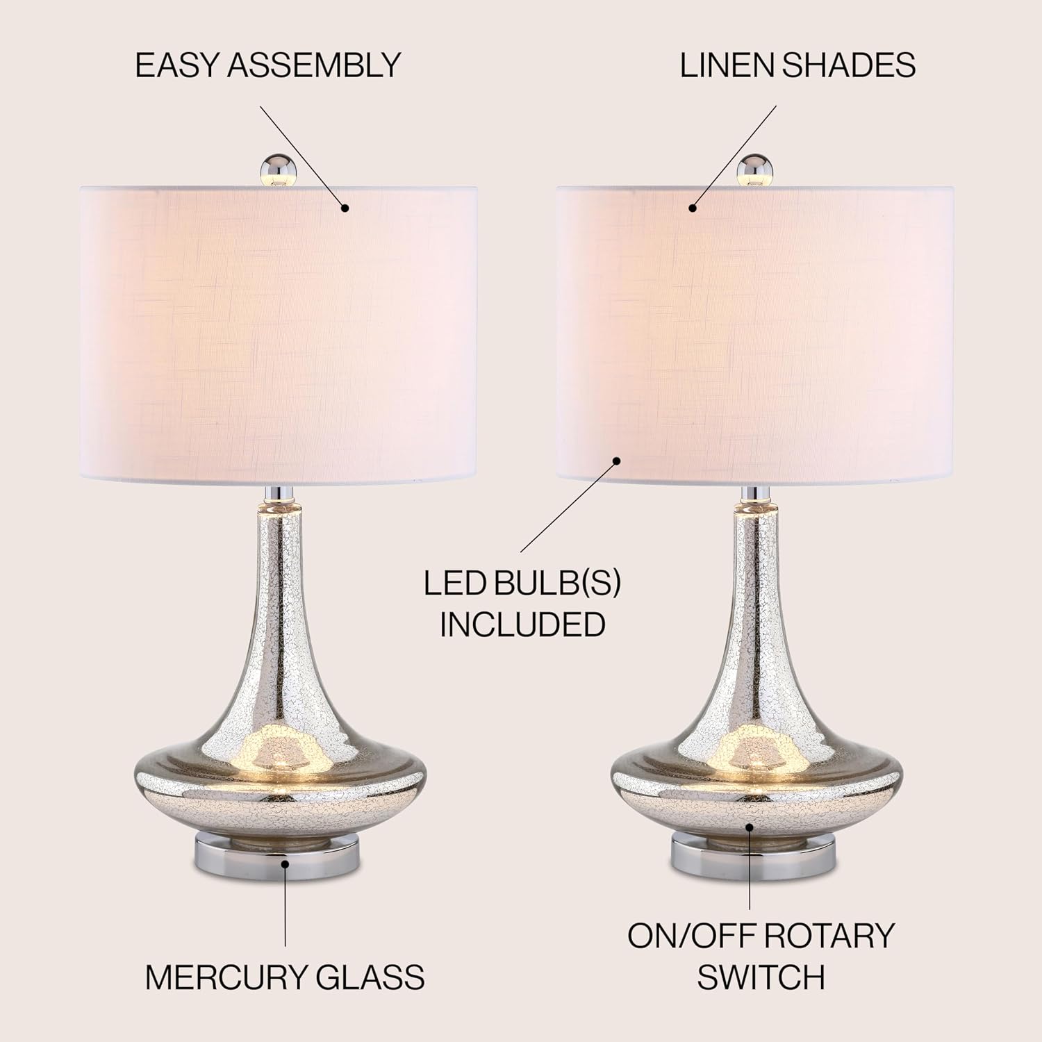 JONATHAN Y 25.5' Mercury Silver Glass Teardrop Table Lamp Set of 2 for Bedroom, Modern Bedside Lamps for Living Room, White Linen Drum Shade, LED Bulbs Included JYL1081A-SET2