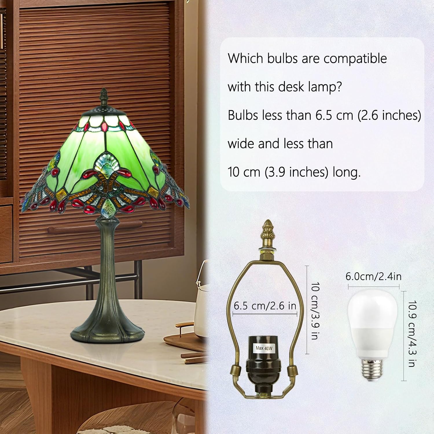 12 Inch Baroque Style Tiffany Table Lamp, Vintage Stained Glass Desk Lamp with Remote Control, 3 Color Temperature & Brightness Level for Office Home Bedroom Living (Green)
