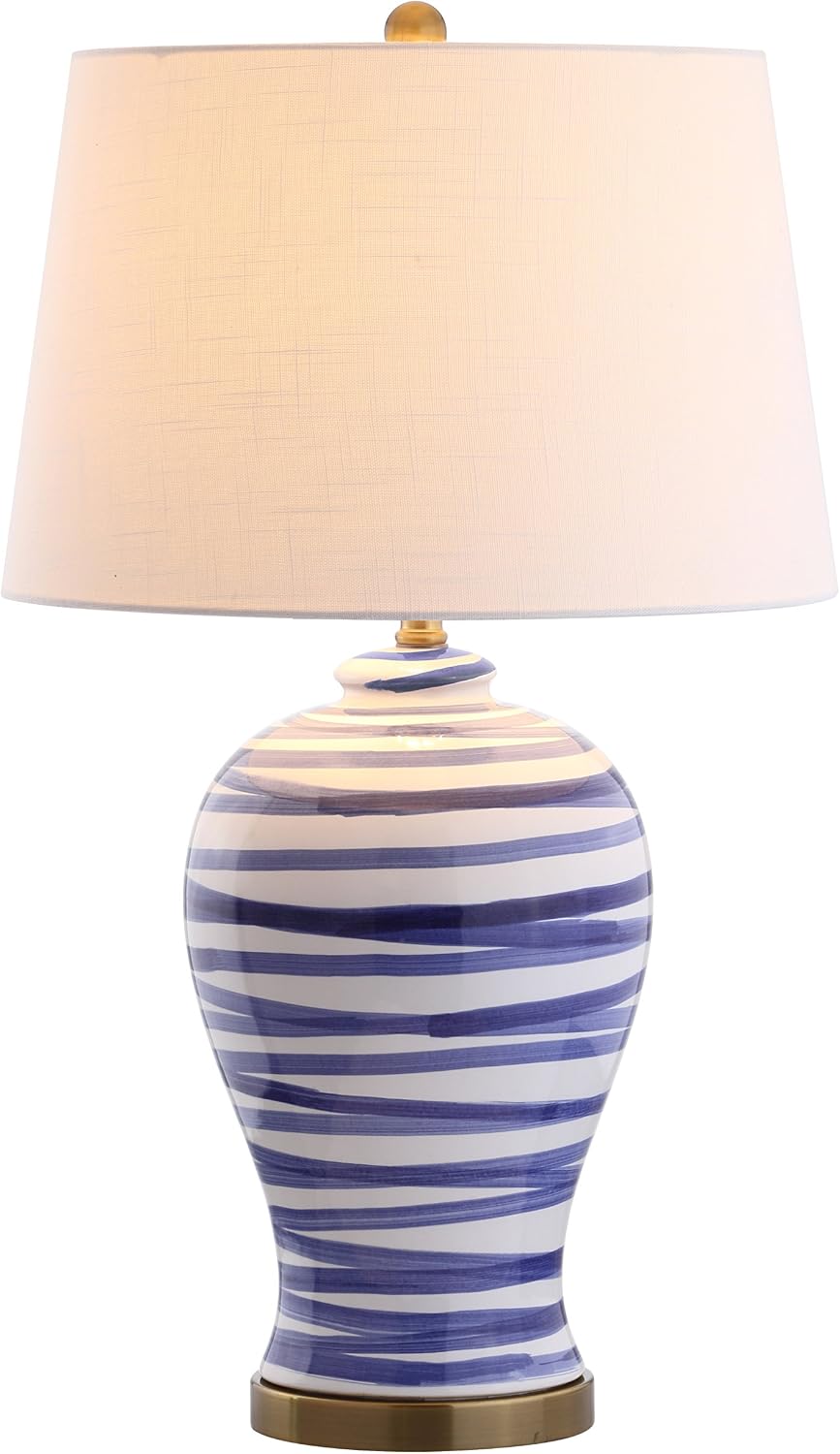 JONATHAN Y 29' Blue/White Ceramic Table Lamp for Living Room Bedroom Office, Modern Coastal Bedside Lamp with White Linen Shade, Traditional Nightstand Lamp, LED Bulb JYL3016A