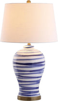 JONATHAN Y 29' Blue/White Ceramic Table Lamp for Living Room Bedroom Office, Modern Coastal Bedside Lamp with White Linen Shade, Traditional Nightstand Lamp, LED Bulb JYL3016A
