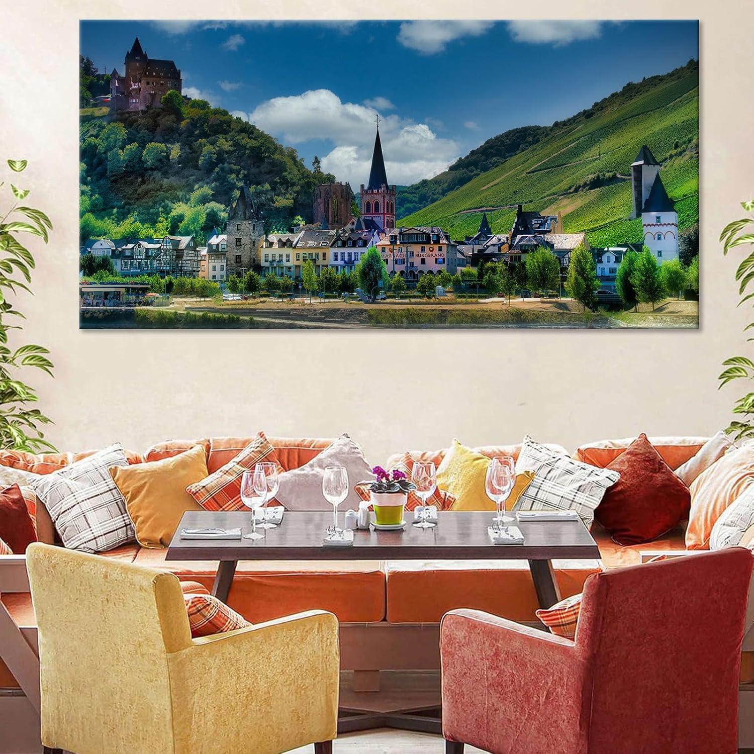 European Hillside Townscape Poster Vintage Medieval Castle Wall Art Colorful Print Vineyard Hills Backdrop Decor Romantic Rhine Valley Canvas Apartment Living Room Artwork 24x48inch Framed
