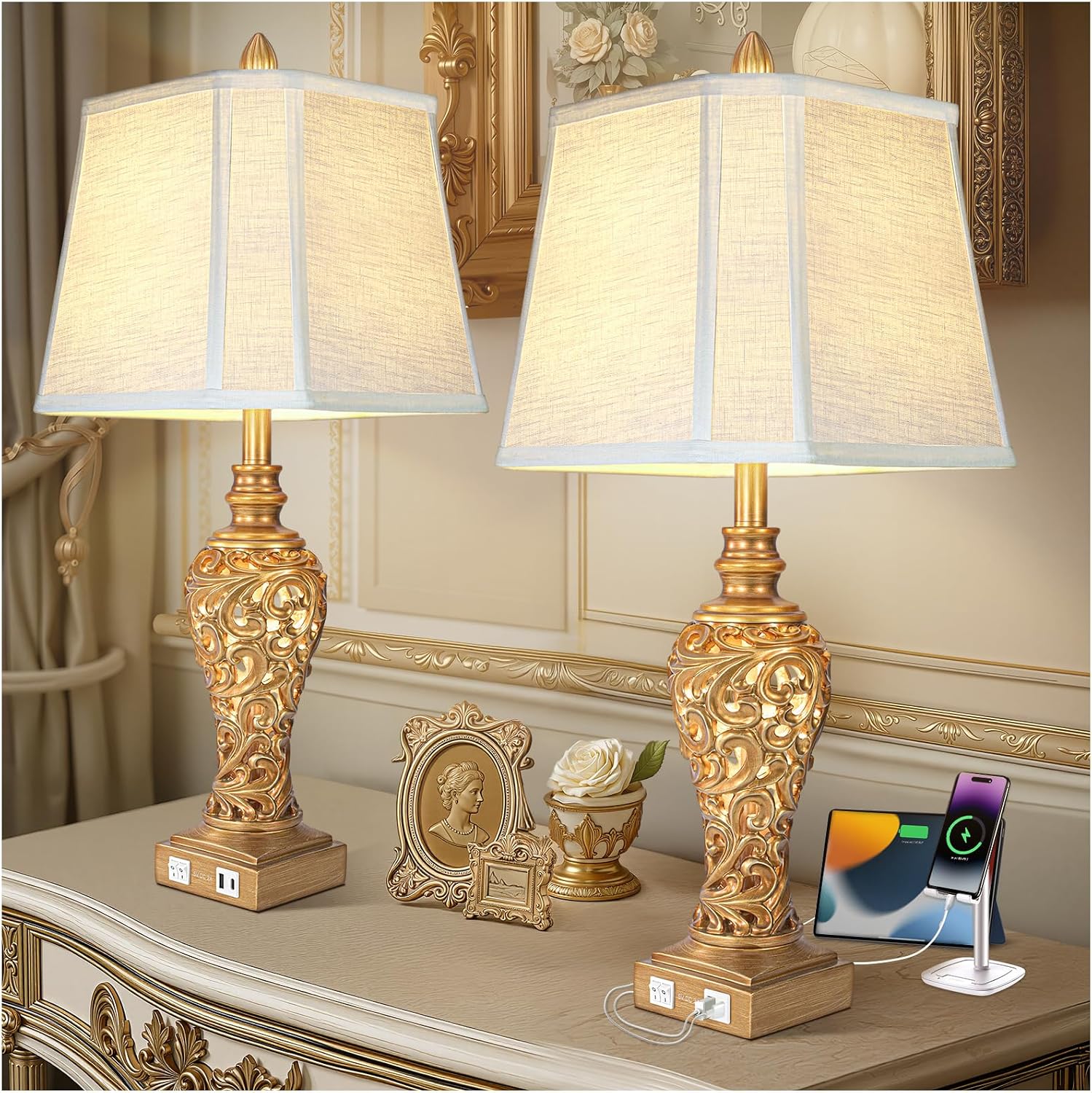 Vintage Table Lamps Set of 2, 28.5'' Tall Antique Gold Bedside Lamps with Fabric Shades, USB A+C Charging Ports & Night Light, Farmhouse Nightstand Lamps for Bedroom Living Room Office (Bulb Included)