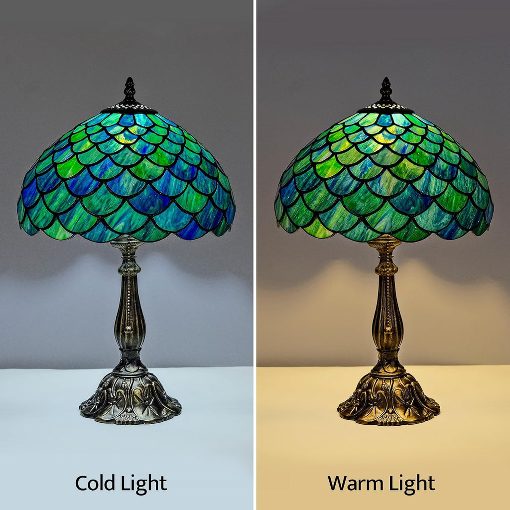 Tiffany Style Table Lamp Vintage Stained Glass Desk Lamp Sea Blue Fish Scales Bedside Reading Light Decor Bedroom Living Room Home Office D12 xH18