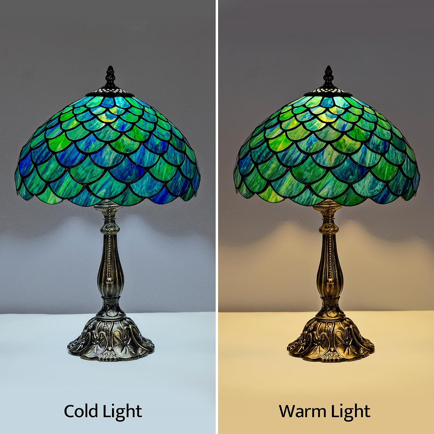 Tiffany Style Table Lamp Vintage Stained Glass Desk Lamp Sea Blue Fish Scales Bedside Reading Light Decor Bedroom Living Room Home Office D12 xH18