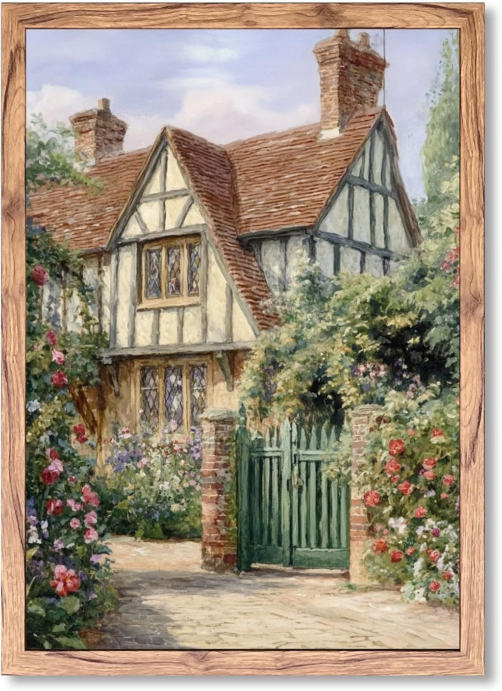 Framed Vintage Cottage House Wall Art Watercolor Flowers Garden Canvas Print European Countryside House Painting Country Home Poster Rustic Nature Picture Decor for Living Room Bedroom 24x36inch
