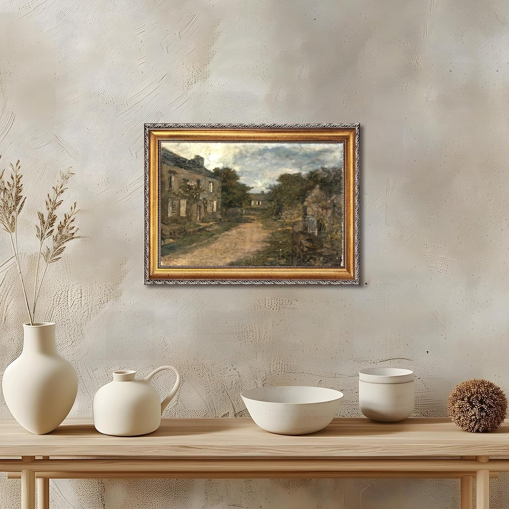 Large Framed Vintage European Village Street Canvas Wall Art Antique Old Town Oil Painting Print Rustic Architectural Landscape Poster Artwork Classic Country Picture Decor for Living Room 24x36inch