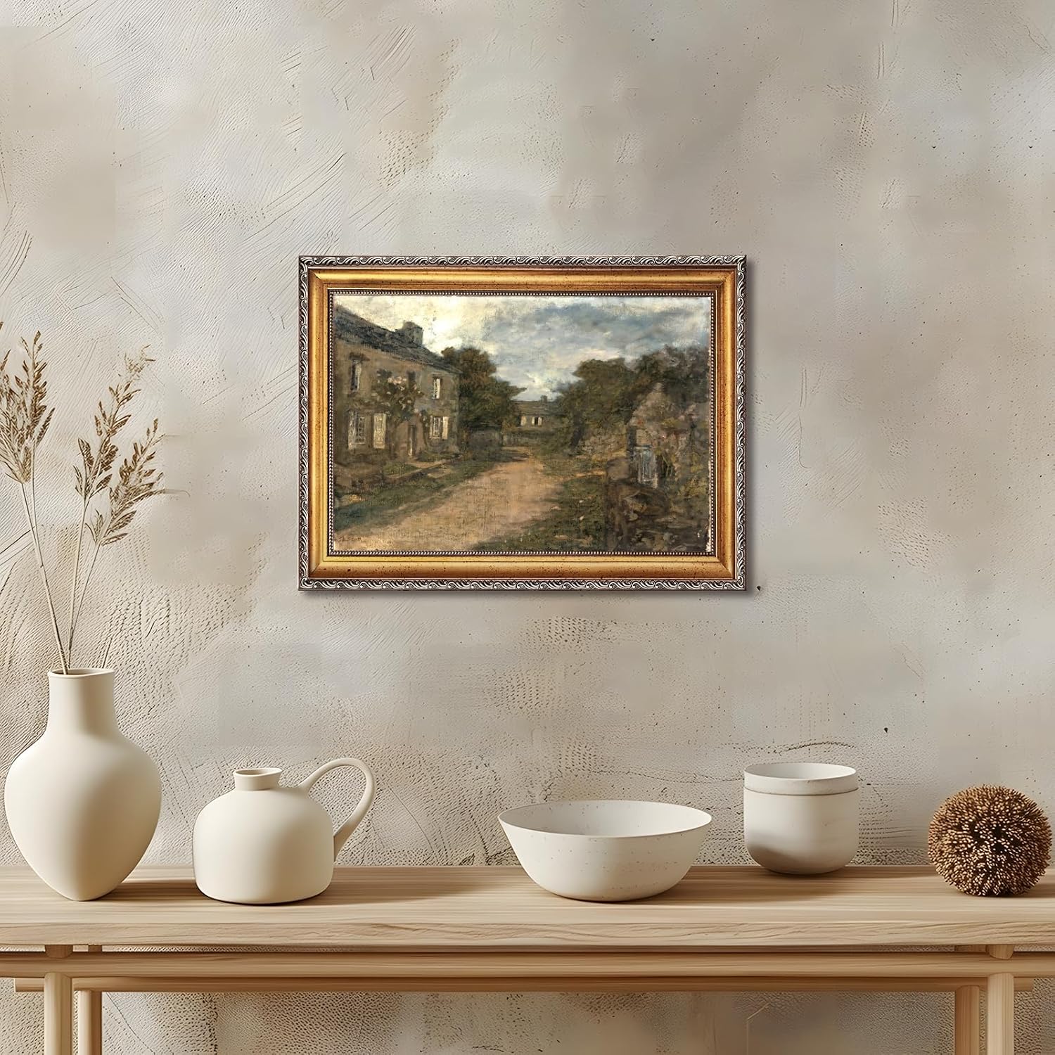 Large Framed Vintage European Village Street Canvas Wall Art Antique Old Town Oil Painting Print Rustic Architectural Landscape Poster Artwork Classic Country Picture Decor for Living Room 24x36inch