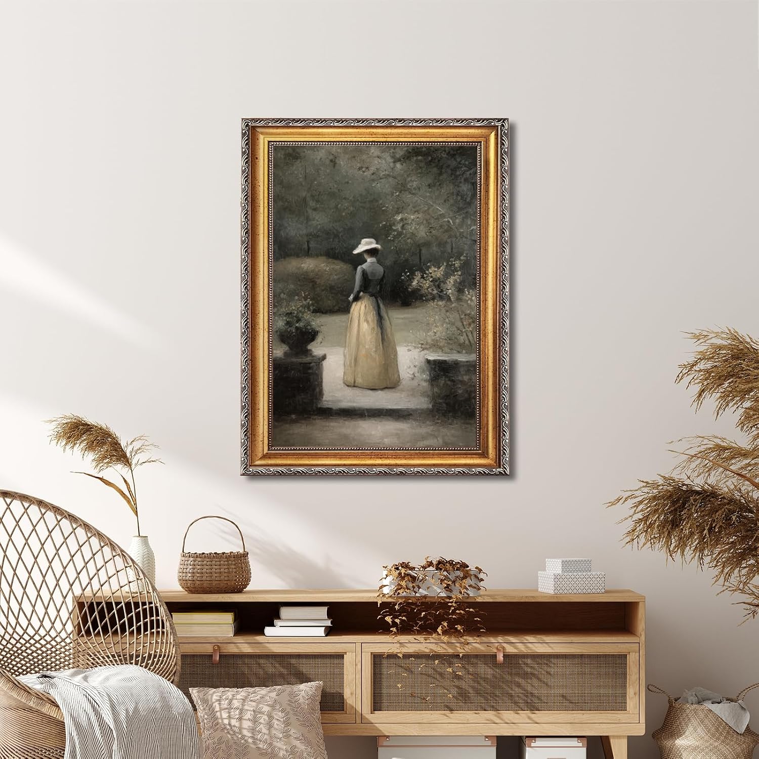 Large Framed Woman in Garden Oil Painting Poster Vintage Courtyard Female Canvas Wall Art Romantic European Victorian Lady Artwork Print Classic Cottage Decor for Bedroom Living Room 24x36inch