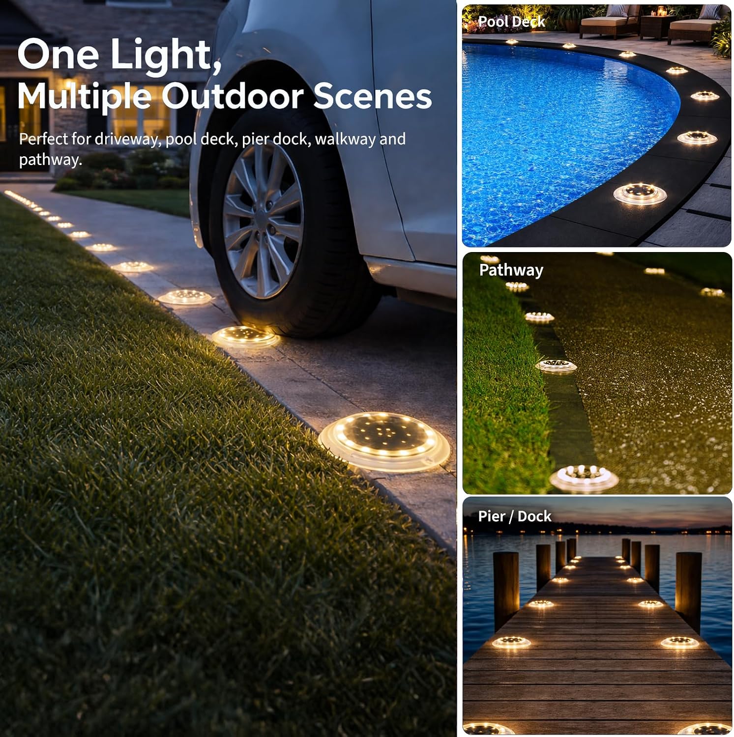 SHONELIGHTING Solar Dock Lights Outdoor Waterproof, Flat Low Profile Disc LED for Deck, Driveway, Ground & Pathway, Anti-Slip & Anti-Trip (Warm White, 12Pack)