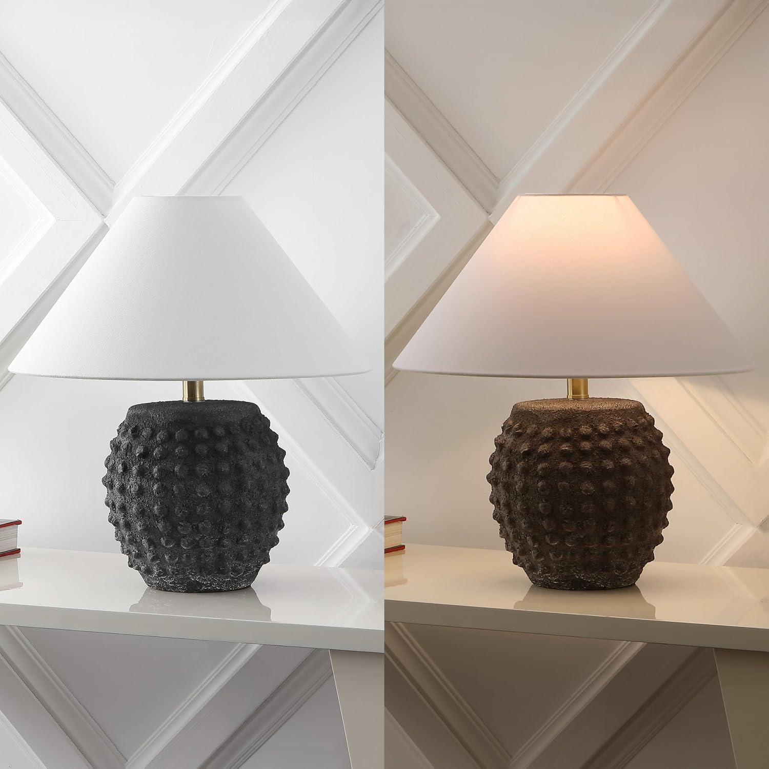 JONATHAN Y 18.25' Matte Black Ceramic Hobnail Table Lamp Set of 2 for Bedroom, Modern Minimalist Farmhouse Bedside Nightstand Lamps, White Linen Shade, LED Bulbs Included JYL5601A-SET2