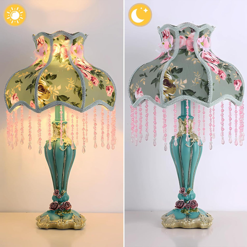 Green Victorian Table Lamp European Style Fabric Desk Lamps with Fringe Beaded Lampshade Painted Resin Base Handmade Vintage Flower Bedside Night Light for Bedroom Living Room Office