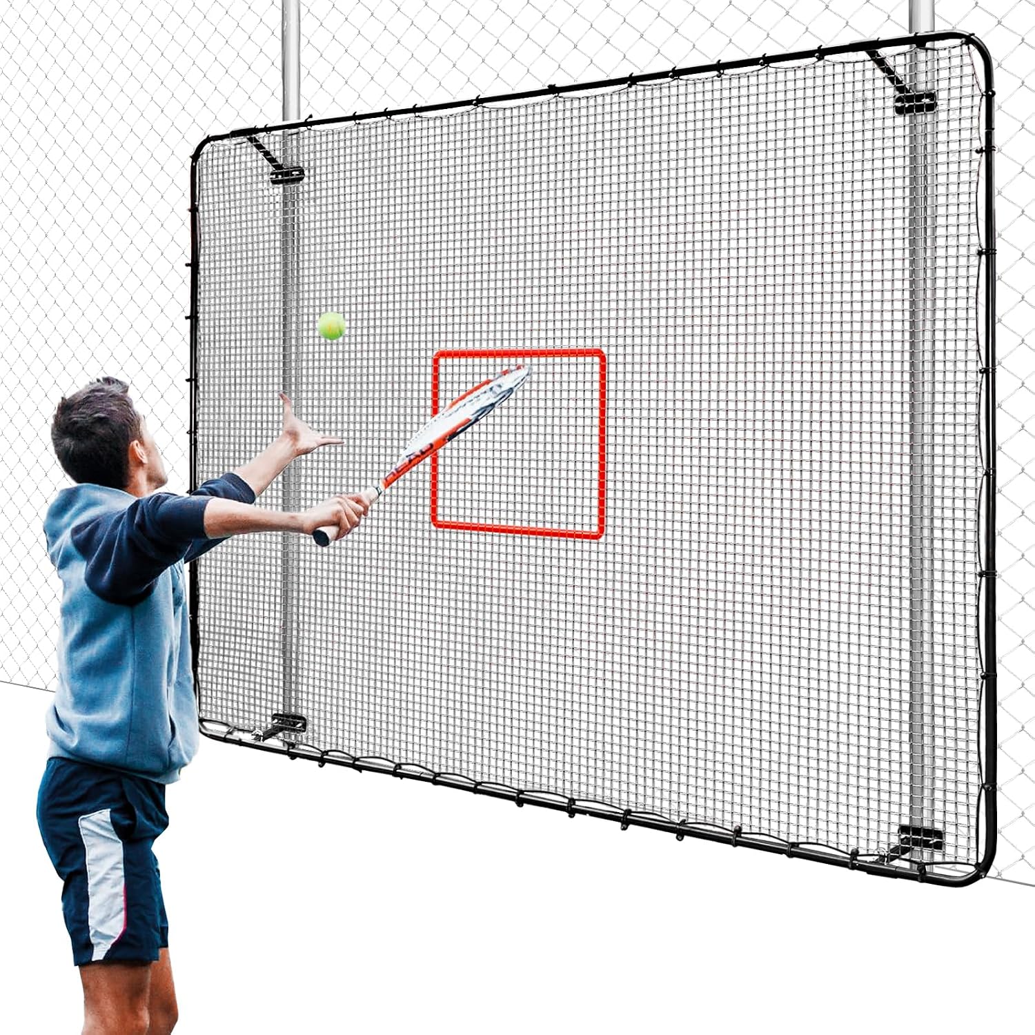 Fence-Mount Tennis Rebounder Net 12x8FT – Space-Saving Tennis Practice Wall with Adjustable Rebound Angle – Solo Training Net Fits Most Fence Poles, Heavy-Duty Frame for Outdoor Practice