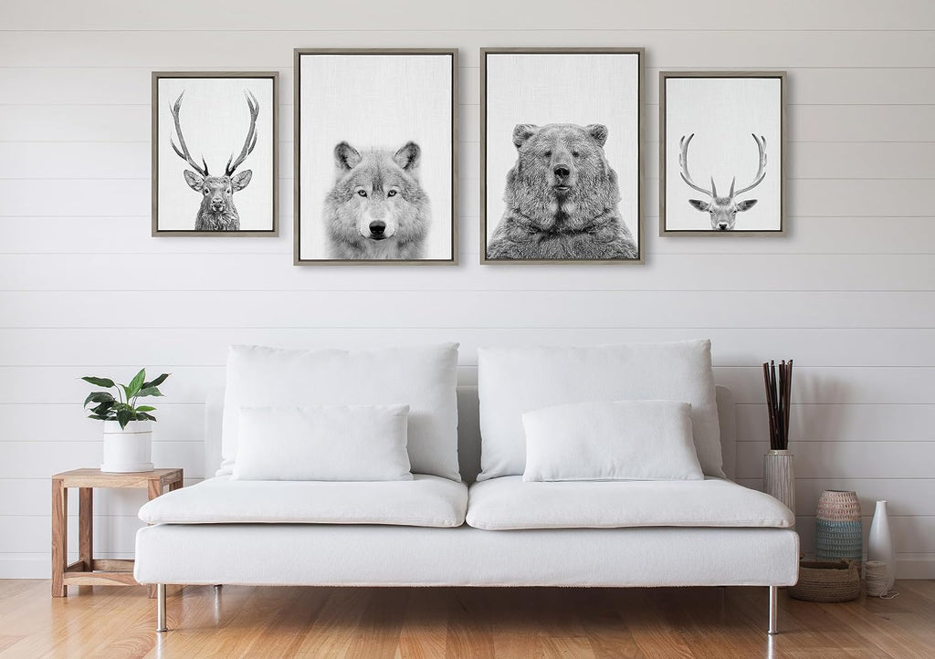 Kate and Laurel Sylvie Deer, Wolf, Bear European and Cervus Elaphus The Red Deer Black and White Framed Canvas Wall Art Set by Simon Te of Tai Prints, 4 Piece Set Gray, Animal Portrait Art