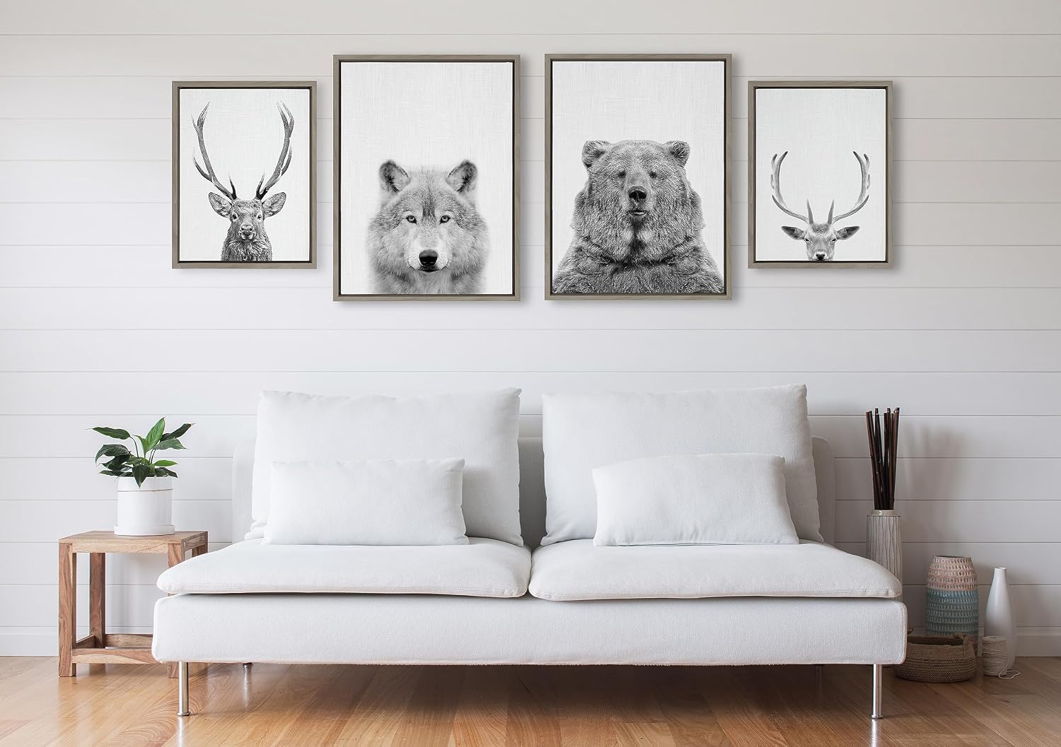 Kate and Laurel Sylvie Deer, Wolf, Bear European and Cervus Elaphus The Red Deer Black and White Framed Canvas Wall Art Set by Simon Te of Tai Prints, 4 Piece Set Gray, Animal Portrait Art