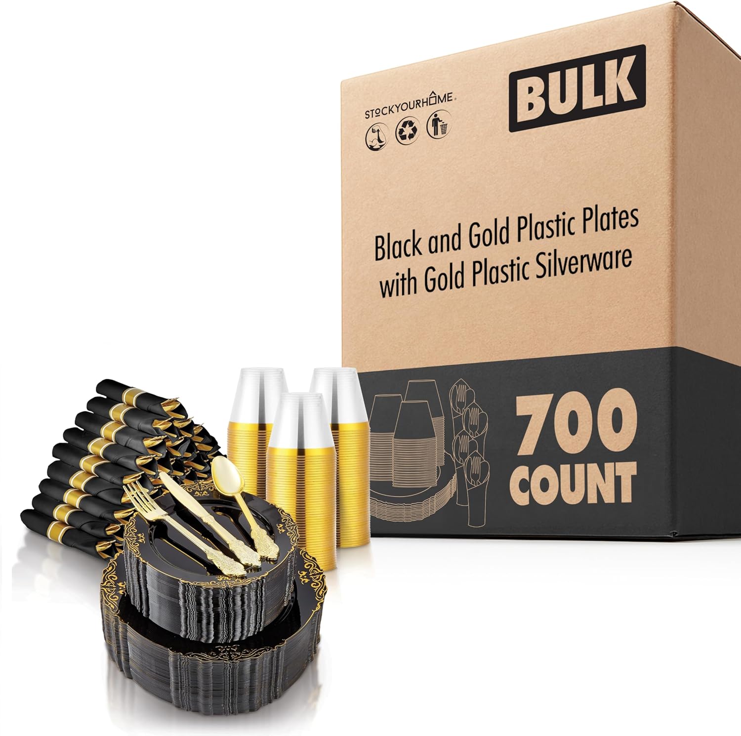 Stock Your Home Black and Gold Plates with Pre Rolled Cutlery Napkins and Cups 700 Piece Party Set for 100 Guests Wedding Bridal Shower Graduation
