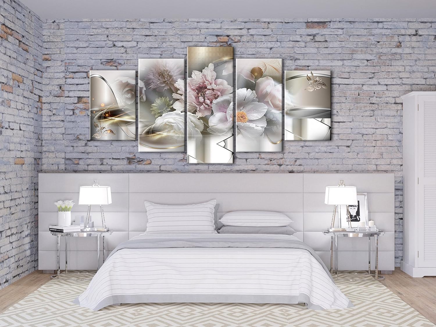 artgeist - Hand-Textured Canvas Wall Art Print Retro Flowers 90x45 in - 5pcs Painting Canvas Prints - Acrylic Gel Texture Artwork Image Contemporary Modern Home Peonies Floral Abstract a-C-10081-b-a