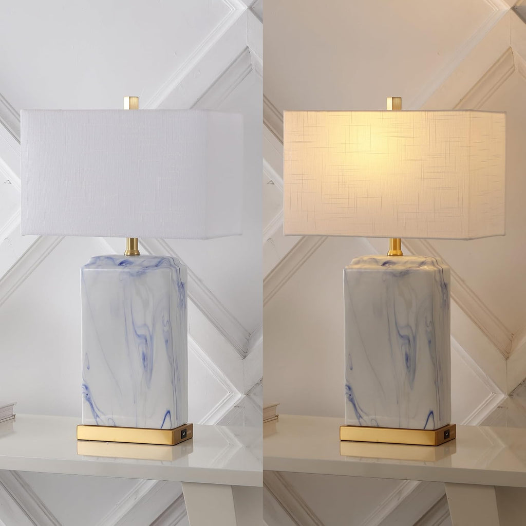 JONATHAN Y 24.5' Blue and White Marbled Ceramic LED Table Lamp Set of 2 with USB Port, Modern Coastal Iron Nightstand Lamp, Brass Gold Accents, LED Bulbs Included JYL1140A-SET2