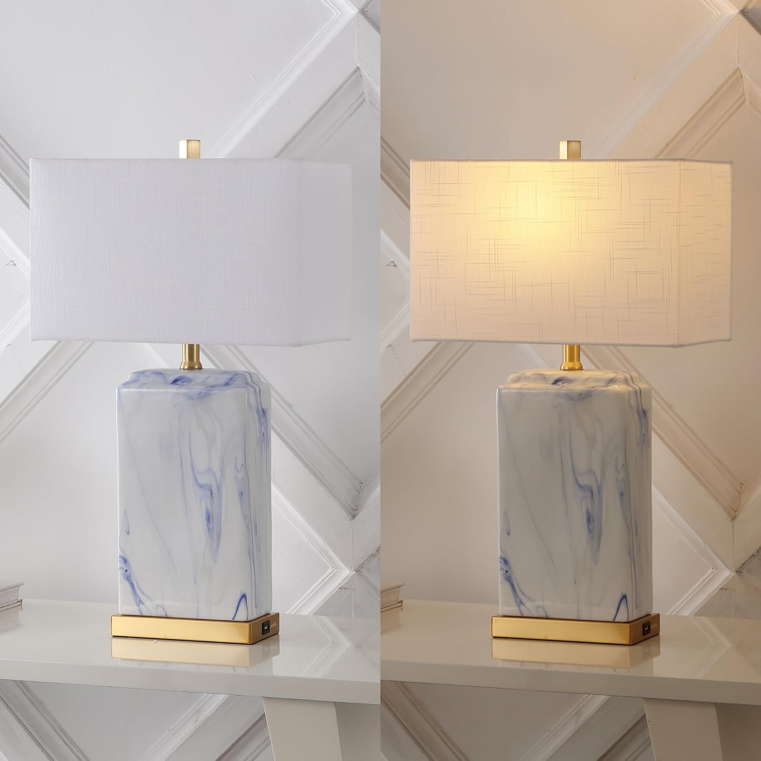 JONATHAN Y 24.5' Blue and White Marbled Ceramic LED Table Lamp Set of 2 with USB Port, Modern Coastal Iron Nightstand Lamp, Brass Gold Accents, LED Bulbs Included JYL1140A-SET2