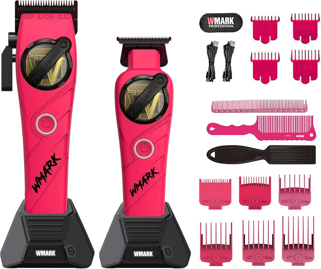 WMARK Professional 2-Piece Haircut Kit for Barber - High-Speed Clipper (7500/8500rpm) & Detail Trimmer (6500/7500rpm), Ceramic Blades, Rechargeable Lithium-Ion Batteries, NG-8613 KIT (Pink)